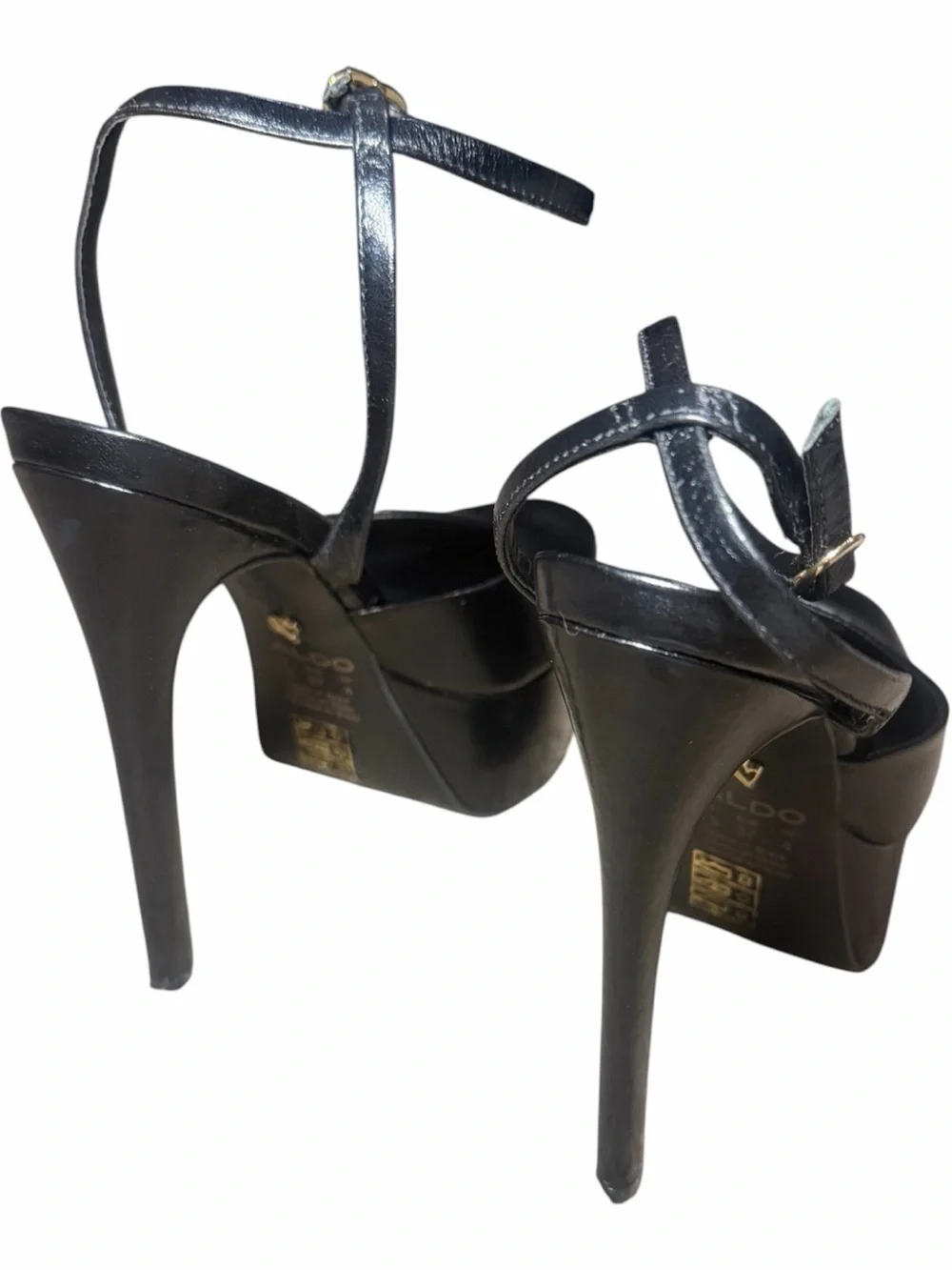 ALDO Black Thalina Leather Platform Stiletto Peep-Toe Heel with Ankle Strap